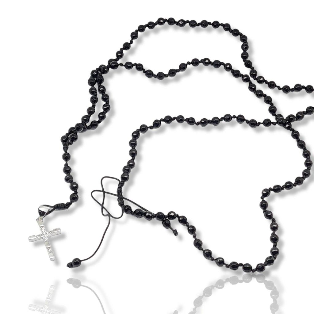 Ροζάριο με μαύρο αχάτη και σταυρό απο ασήμι 925º με λευκά ζιργκόν (code KT2345)
