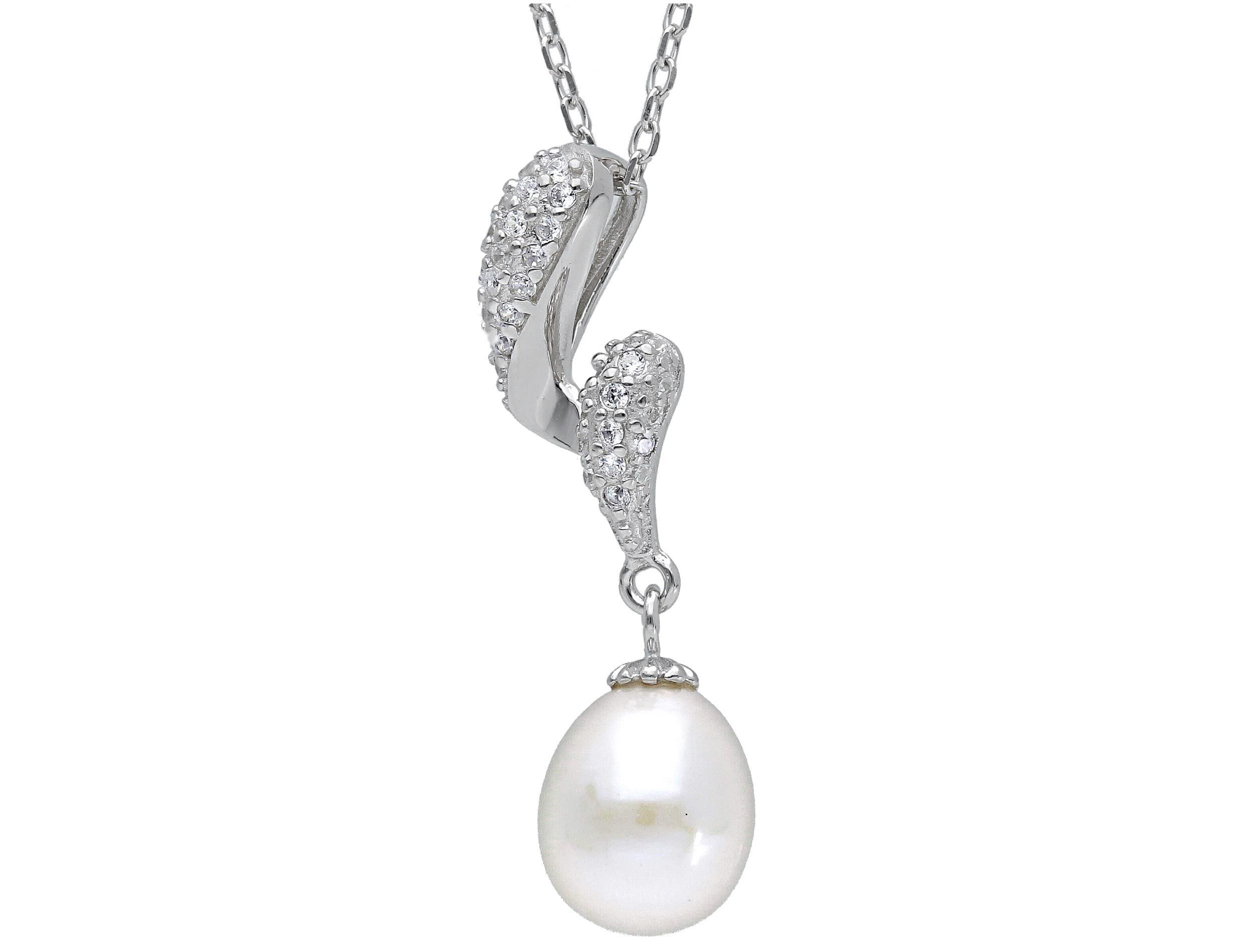 Platinum plated silver 925° necklace with a pearl & zircons (code S230995)