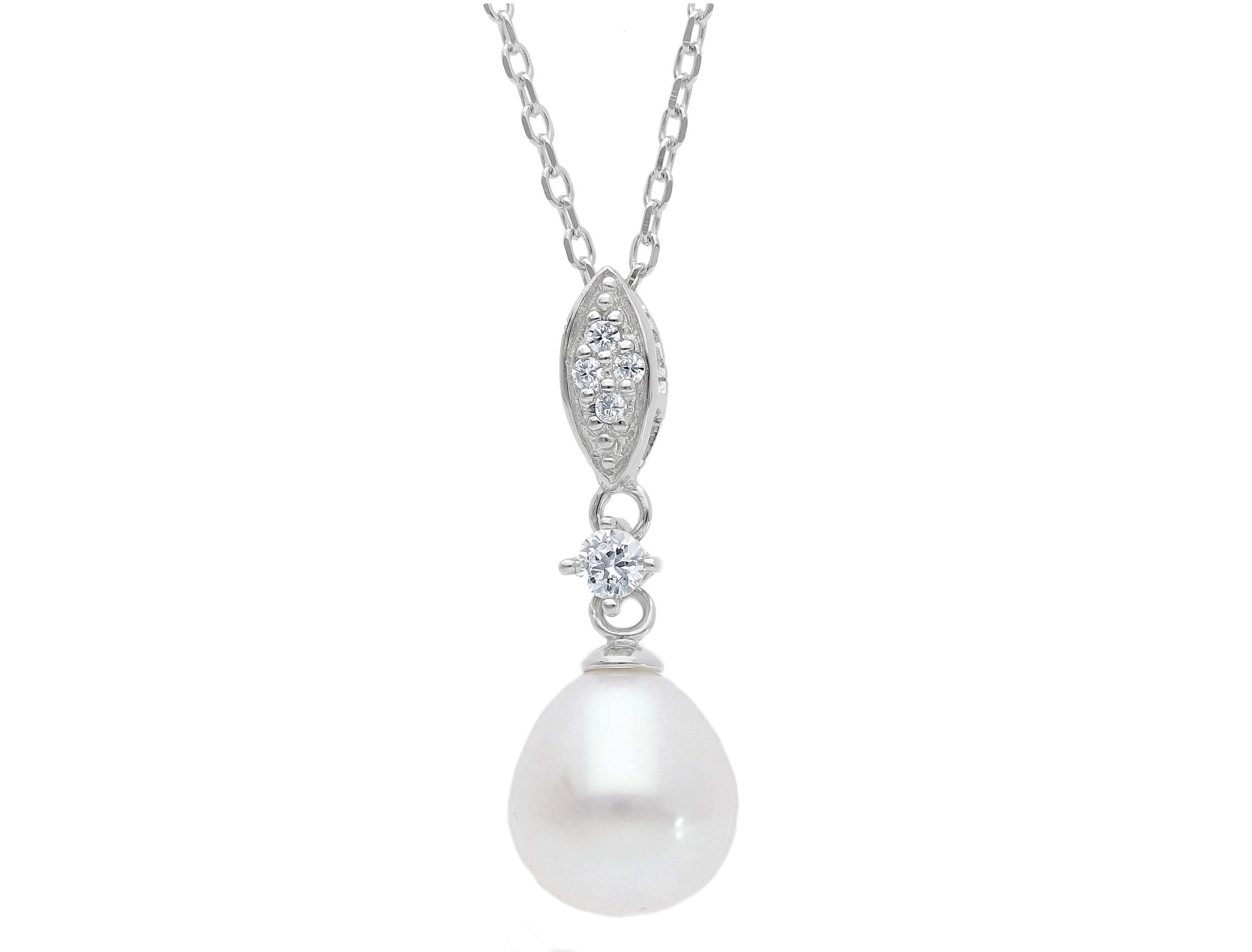 Platinum plated silver 925° necklace with a pearl & zircons (code S231005)