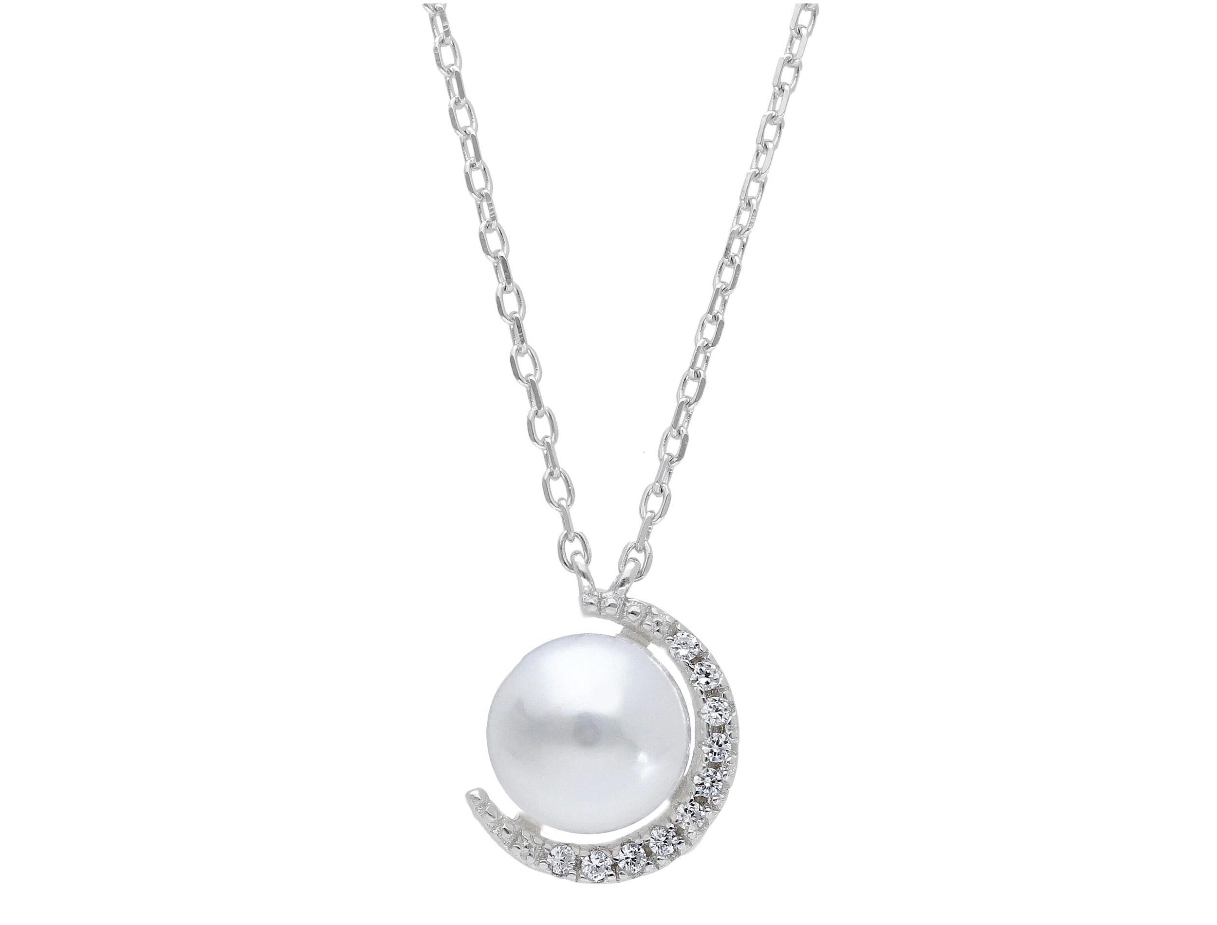 Platinum plated silver 925°Crescent moon necklace with a pearl (code S231015)