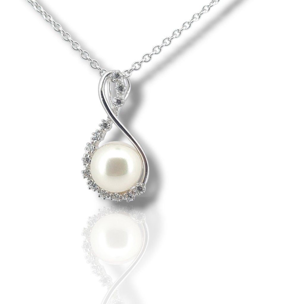 White gold necklace k14 with a pearl and a zircon on top ( code S229407)