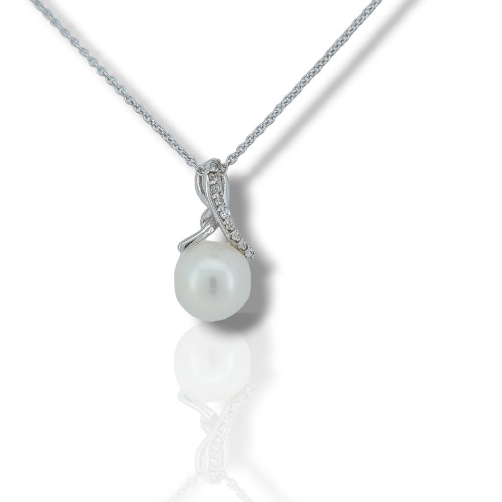 White gold necklace k14 with a pearl and a zircon on top ( code S229417)