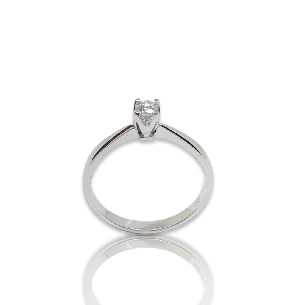 Single stone white gold k18 ring with diamond tied on flame shaped bezel (code T2463)
