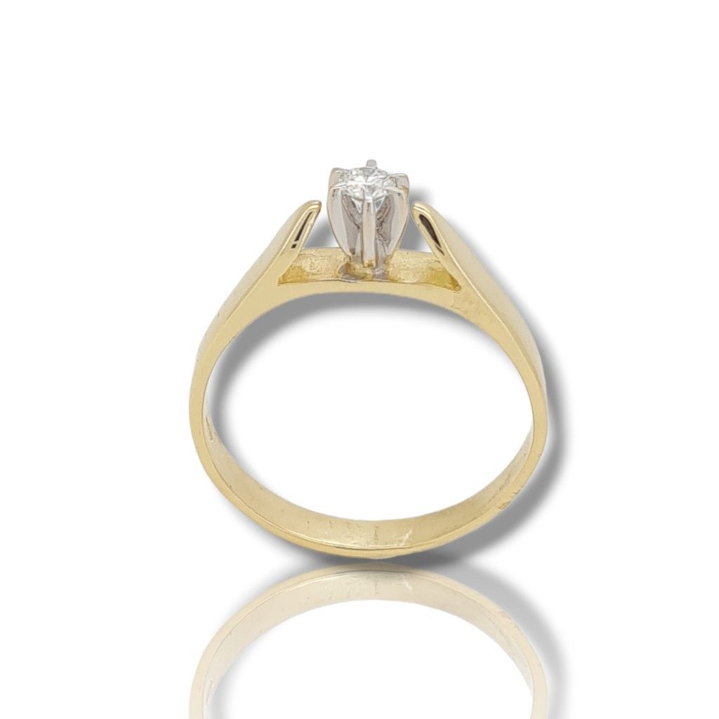 Yellow gold single stone ring k18 with diamond nailed down on special white gold bezel (code P2591)