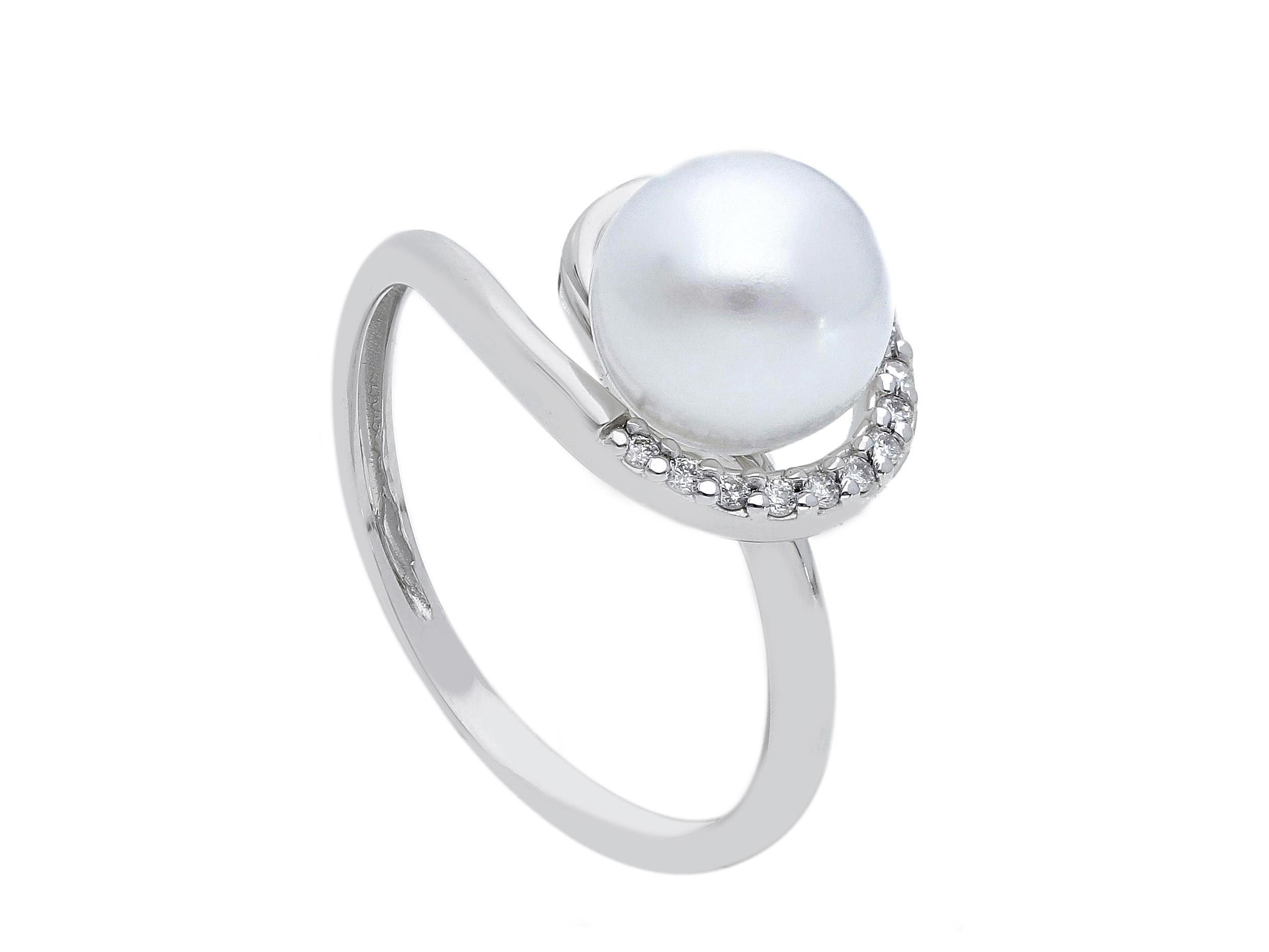  White gold ring k18 with diamonds αnd pearl (code S253225)