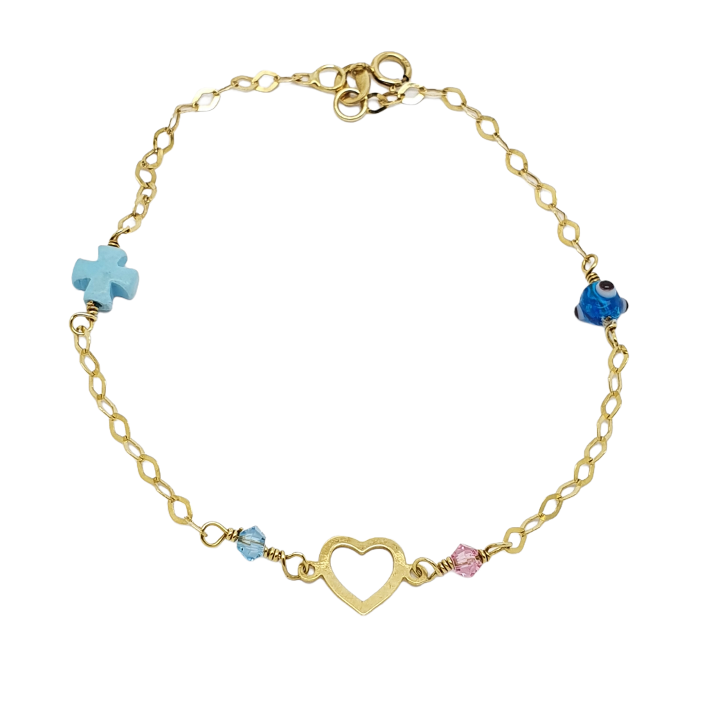 Golden bracelet k9 with a heart, an evil eye & a cross (code AL2054)