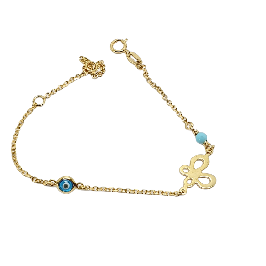 Yellow gold bracelet k9 with a butterfly and evil eyes (code AL2162)
