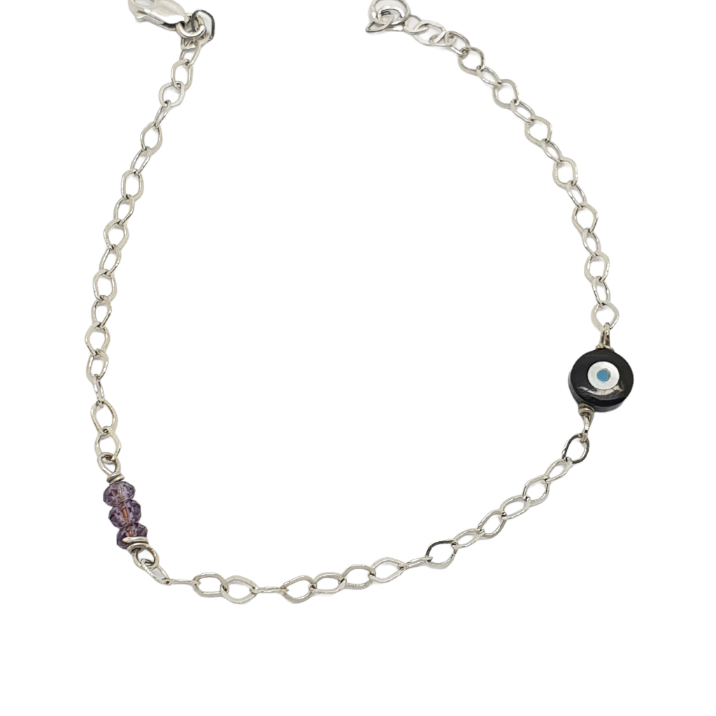 White gold bracelet k9 amethyst beads & an evil eye (code AL2157)