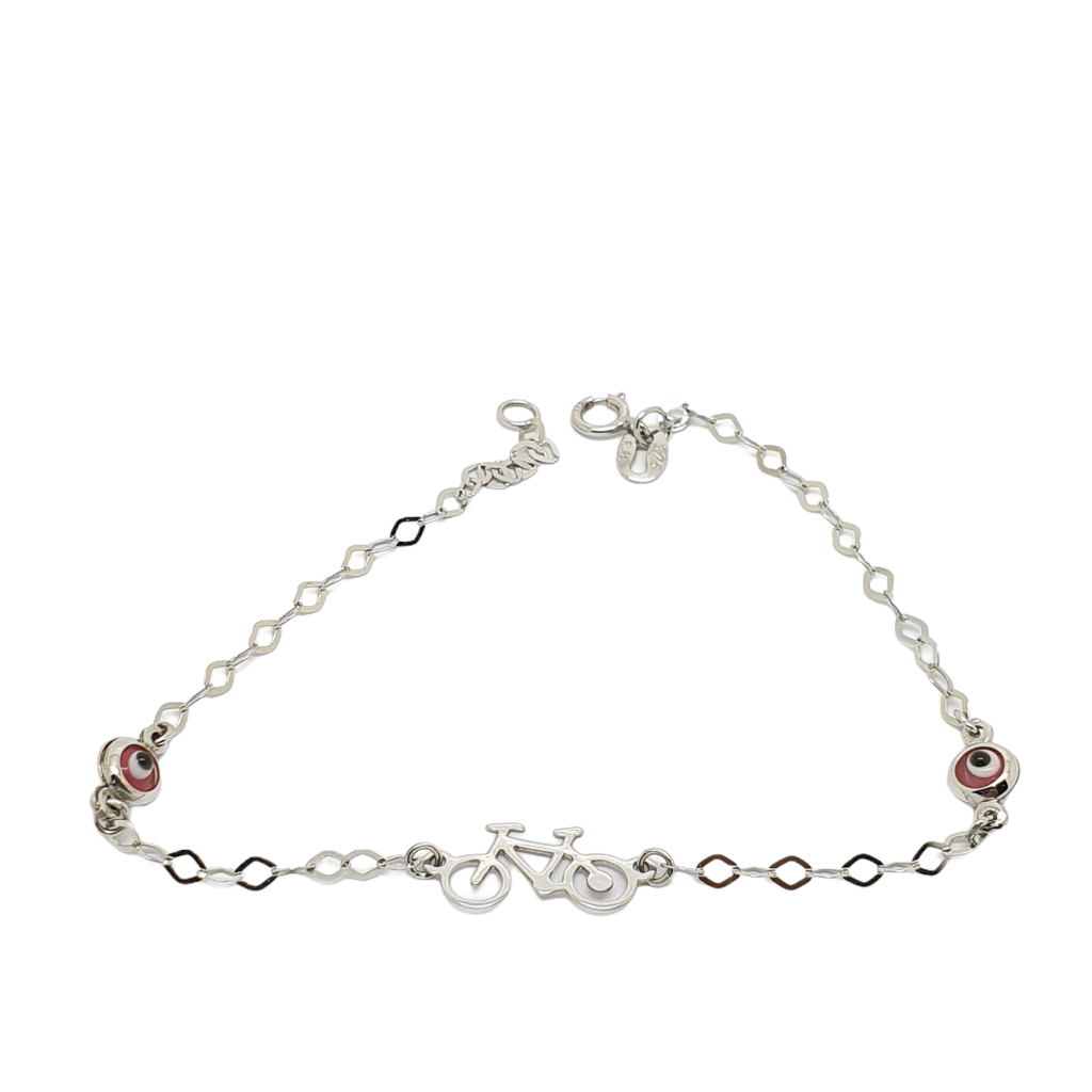 White gold bracelet k9 with a bicycle & evil eyes (code AL2152)