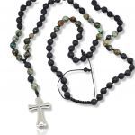 Rosary necklace with turquoise, black onyx and steel cross (code KT2328)