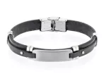 Βραχιόλι από ανοξείδωτο ατσάλι με μαύρο δέρμα και πλάκα με σατινέ φινίρισμα HO006-N03
