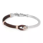 Βραχιόλι από ανοξείδωτο ατσάλι με καφέ δέρμα, ροζ χρυσούς κρίκους και μαύρο διαμάντι 0,025 καράτια HO050-1M