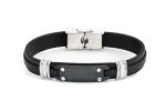 Βραχιόλι από ανοξείδωτο ατσάλι και μαύρο δέρμα, με κεντρική πλάκα από ατσάλι PVD  HO111-12