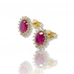 Golden earrings 14k with white zircon & synthetic ruby (code N2432)