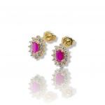 Χρυσά σκουλαρίκια κ14 ροζέτα με συνθετικό ρουμπίνι & λευκά ζιργκόν (code N2433)
