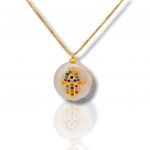 Pearl necklace gold plated with colorful fatima hand (code:FC006411)