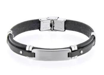 tainless steel bracelet with black leather and a satin-finish plate