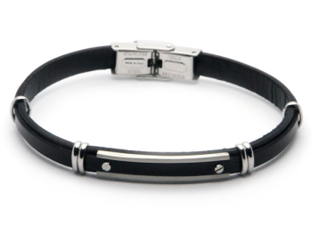Βραχιόλι από ανοξείδωτο ατσάλι με μαύρο δέρμα HO006-C5N