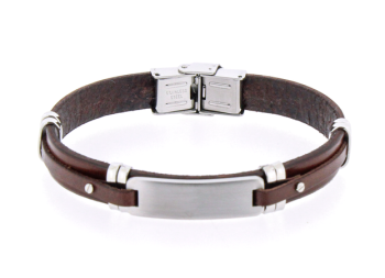 tainless steel bracelet with brown leather and a satin-finish plate