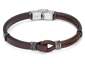 Βραχιόλι από ανοξείδωτο ατσάλι με καφέ δέρμα και vintage μαύρες λωρίδες HO006-Z1