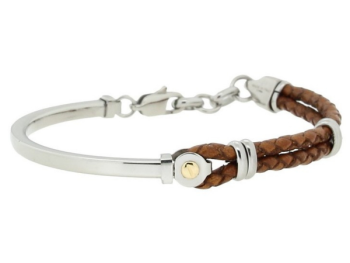 Semi-rigid stainless steel bracelet with braided brown leather and a central 18kt gold element