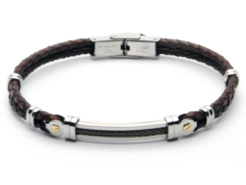 Stainless steel and brown leather bracelet with a central brown PVD cable and 18kt gold details