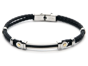 Stainless steel and black leather bracelet with a central black PVD cable and 18kt gold details
