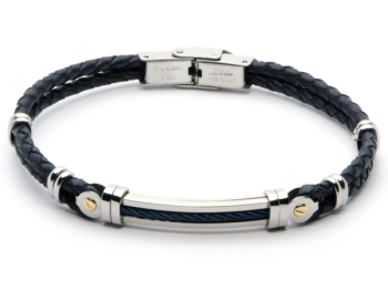 Stainless steel and blue leather bracelet with a central blue PVD cable and 18kt gold details