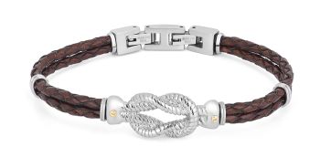 Bracelet in stainless steel and brown leather with micro-cast knot and 18Kr gold 