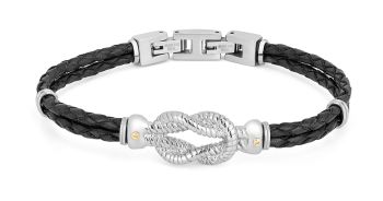 Bracelet in stainless steel and black leather with micro-cast knot and 18Kr gold 