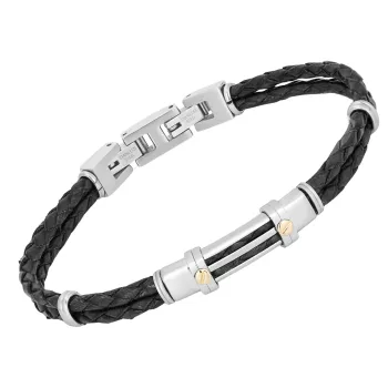Black PVD steel cable bracelet with a ribbed plate and 18kt gold (0.08 g)