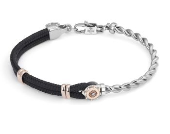Semi-rigid stainless steel bracelet with black leather, rose gold links