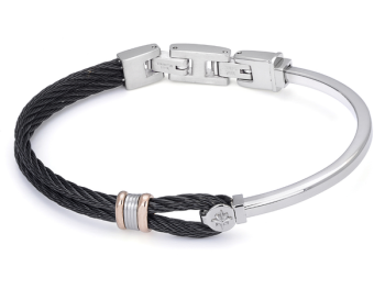 Stainless steel bracelet with black PVD cable, rose gold links, and a central North Star