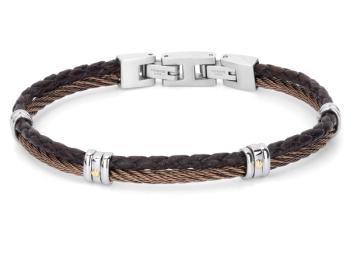 Stainless steel bracelet with brown PVD cable and leather, featuring 18kt gold screws