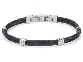 Stainless steel bracelet with black PVD cable and leather, featuring 18kt gold screws