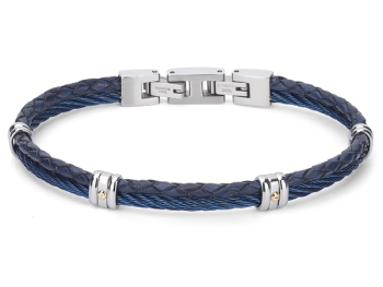 Stainless steel bracelet with blue PVD cable and leather, featuring 18kt gold screws