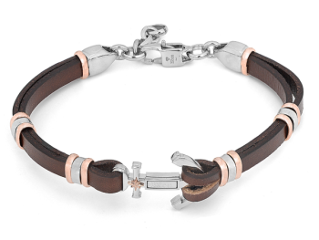 Stainless steel and brown leather bracelet with a central anchor and rose gold North Star