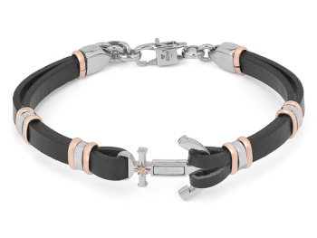 Stainless steel and black leather bracelet with a central anchor and rose gold North Star