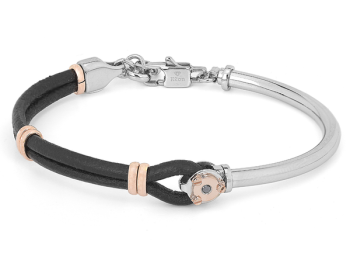 Semi-rigid stainless steel bracelet with black leather, rose gold links, and a 0.025 ct Black Diamond