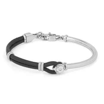 Semi-rigid stainless steel bracelet with black leather, rose gold links, and a 0.015 ct Diamond