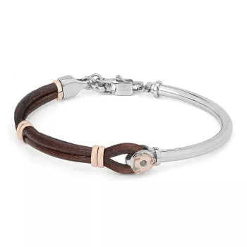 Semi-rigid stainless steel bracelet with brown leather, rose gold links, and a 0.025 ct Black Diamond