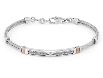 Stainless steel cable bracelet with rose gold fluted links and a 0.015 ct Natural Diamond