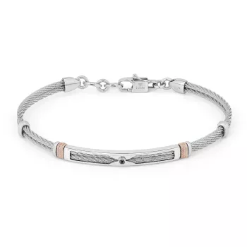 Stainless steel cable bracelet with rose gold fluted links and a 0.025 ct Natural Black Diamond