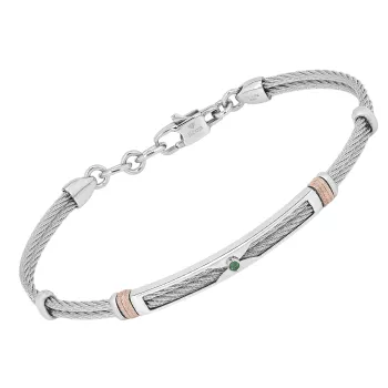 Steel cable bracelet with ribbed rosé links and a 0.024 ct natural emerald