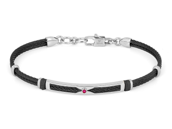 Stainless steel cable bracelet with rose gold fluted links and a 0.027 ct ruby
