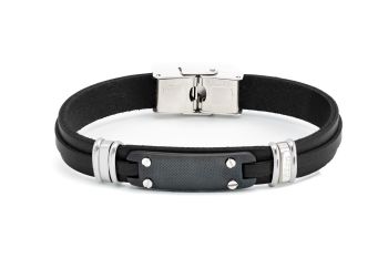 Βραχιόλι από ανοξείδωτο ατσάλι και μαύρο δέρμα, με κεντρική πλάκα από ατσάλι PVD  HO111-12