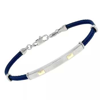 Blue PVD steel cable bracelet with a ribbed plate and 18kt gold (0.08 g)