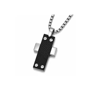 Steel necklace with a cross pendant and black PVD plate with screws