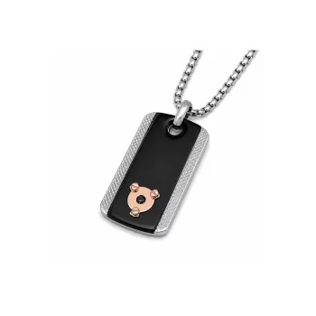 Necklace with a steel pendant, ribbed black PVD plate, and a 0.025 ct black diamond