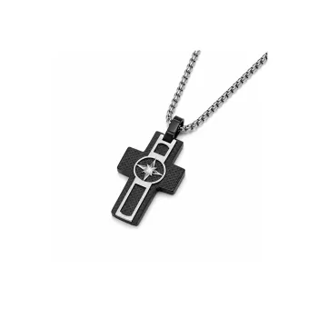 Steel necklace with a cross pendant and black PVD plate with screws